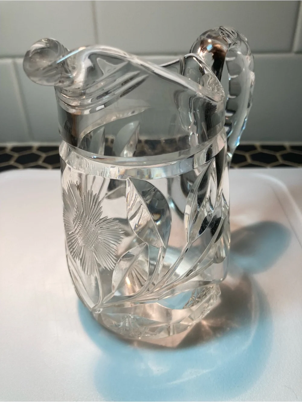 Antique 1900's Miniature Cut Crystal Floral Daisy pitcher jug